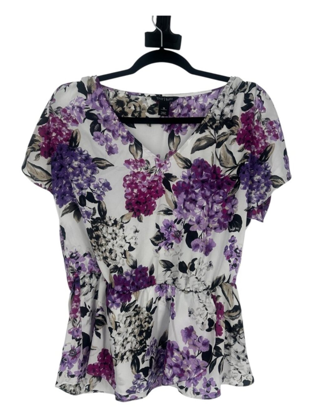 White House Black Market Floral Peplum Blouse Medium Purple White V-Neck Top